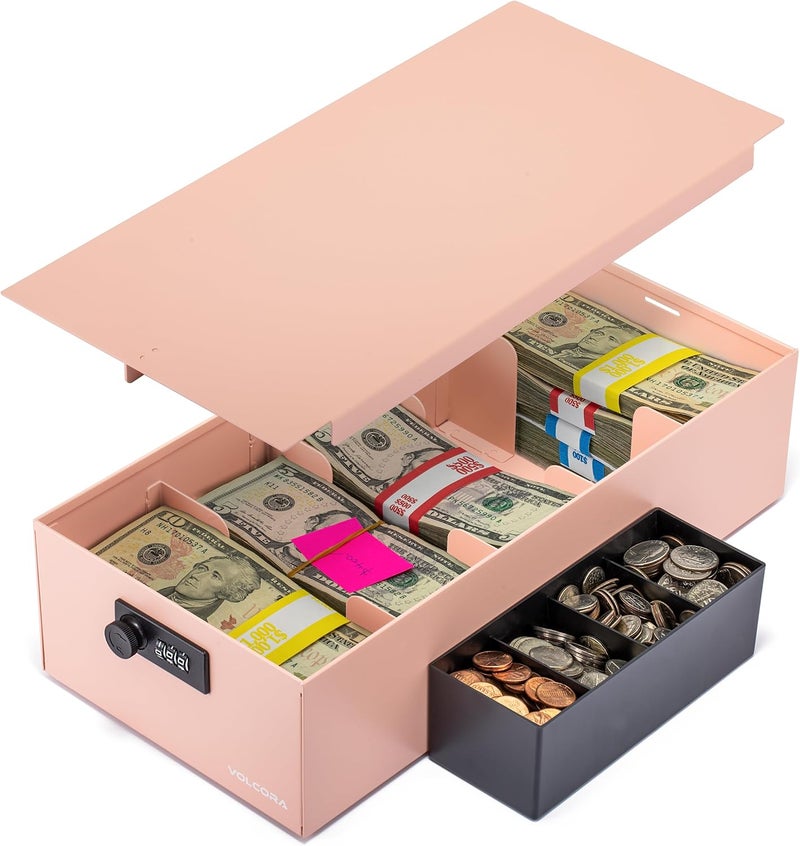 Volcora Cash Box Money Organizer - 15” x 7.5” x 4” Cashbox 5 Compartments Drawer Tray - Bills and Coin Slot with Combination Lock for POS Register, Kiosk, Retail, Personal and Business Use, Pink - Image 1